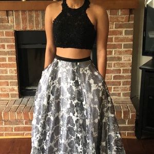 2 piece black floral prom dress